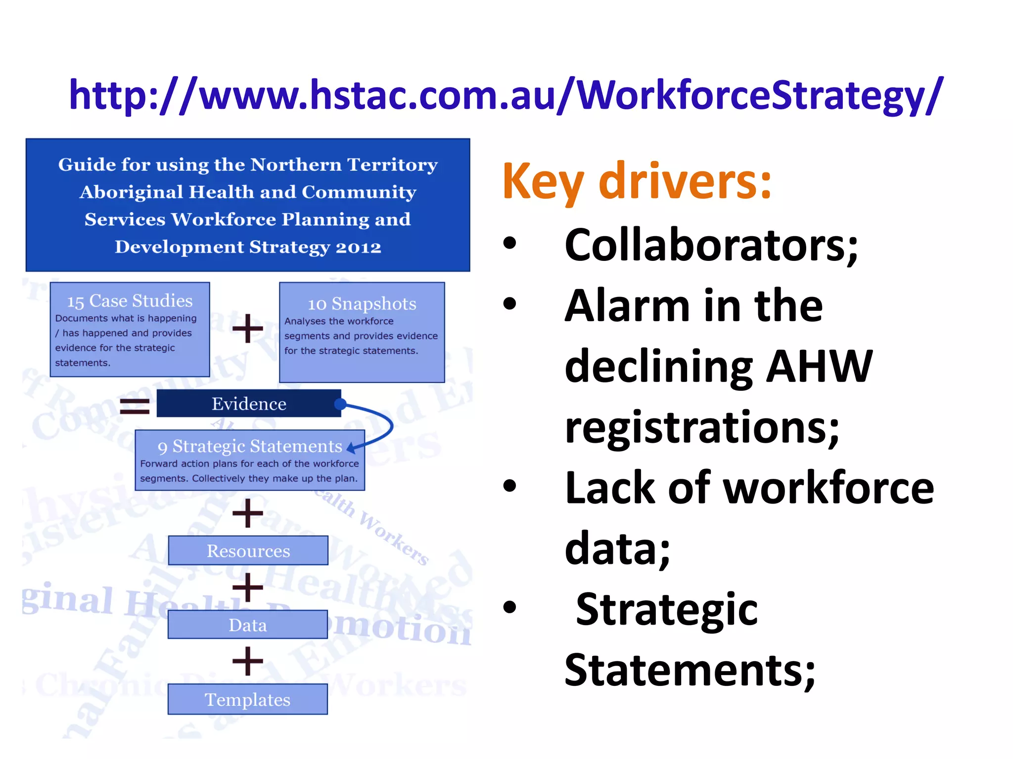 http://www.hstac.com.au/WorkforceStrategy/ 
Key drivers: 
• 
Collaborators; 
• 
Alarm in the declining AHW registrations; 
• 
Lack of workforce data; 
• 
Strategic Statements;  