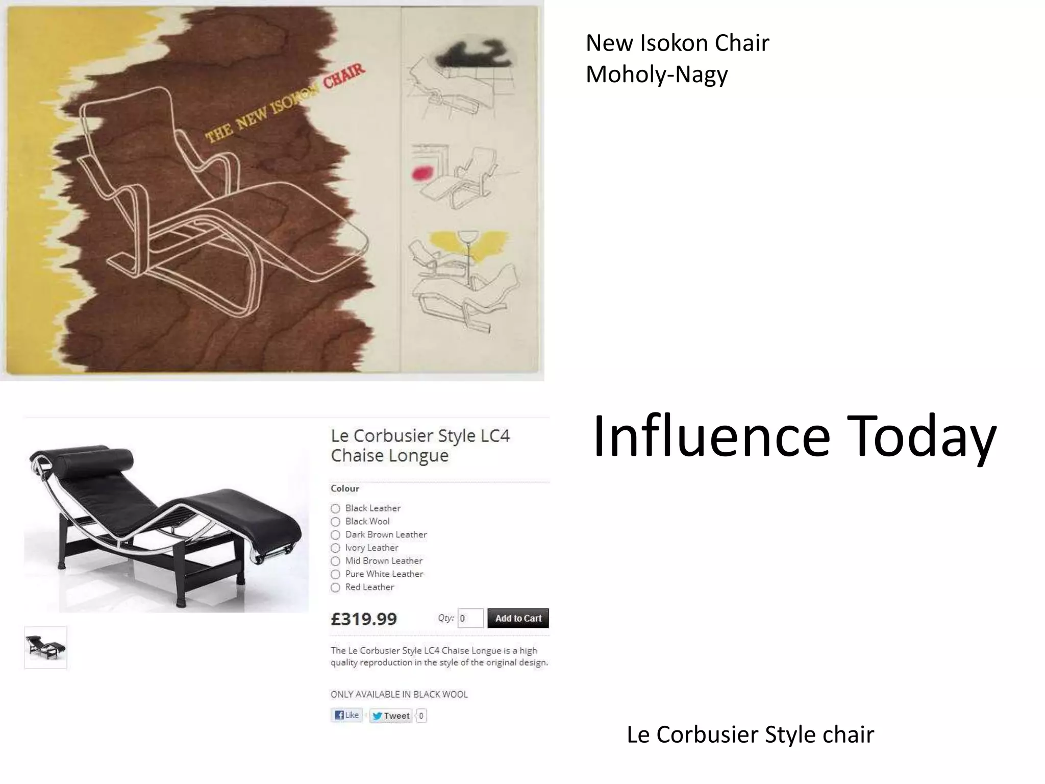 Influence Today
New Isokon Chair
Moholy-Nagy
Le Corbusier Style chair
 