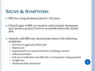 SIGNS & SYMPTOMS
 BSE has a long incubation period : 2-8 years.
 Clinical signs of BSE are found in adult animals. Symptoms
may last for a period of two to six months before the animal
dies.
 Animals with BSE may demonstrate some of the following
symptoms:
 nervous or aggressive behaviour
 Depression
 hypersensitive to sound and touch, twitching, tremors
 abnormal posture
 lack of co-ordination and difﬁculty in rising from a lying position
 weight loss
 decreased milk production
6
 
