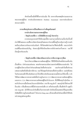 92
สําหรับเครื่องมือที่ใชในการประเมิน คือ จากการสังเกตพฤติกรรมและความ
สามารถของผูเรียน การประเมินจากผลงาน Portfolio Assessment และการประเมินจาก
สถานการณจริง
การลงขอสรุปจากการเปรียบเทียบระหวางขอมูลกับเกณฑ
การประเมินความสามารถของผูเรียน
- วัตถุประสงคขอ 1 - 2 มีนิสัยใฝหาความรู, รักการอาน
การสอนครูหกคนทําใหเด็กกลุมนี้มีความสามารถตั้งคําถามเกี่ยวกับเรื่องที่
อานไดดวยตนเอง และฝกการคิดหาคําตอบดวยตนเอง คําถามที่ตั้งอยูในระดับความรู ความจํา
จนถึงการสังเคราะหและการประเมินคา ซึ่งไมคาดคิดวาจะอานไดอยางลึกซึ้ง และการนําคํา
ถามที่ตั้งมาเลนเกมบันไดงู ชวยกระตุนใหนักเรียนเกิดการอภิปรายอยางกวางขวาง และได
เรียนรูจากกันและกัน
- วัตถุประสงคขอ 3 พัฒนาทักษะการอาน การคิด การพูด การเขียน
ในการวิเคราะหพัฒนาความคิดของผูเรียน ใชวิธีใหนักเรียนตั้งคําถามเกี่ยวกับ
เรื่องที่อาน นําคําถามมาเลนเกม ตอบคําถามตามระดับความยากงายซึ่งมีคะแนนตางกัน ไม
นานผูเรียนวิเคราะหออกวาคําถามลักษณะใดเปนคําถามงาย และคําถามทําไมเปนคําถาม
แสดงความคิดเห็นตองมีการตีความ และใหเหตุผลในคําตอบเปนคําถามที่ยาก และยังคนพบ
ในคําถามของเด็กไดระดับสังเคราะห ดวยวิธีการนักเรียนจะพยายามตั้งคําถามใหยากขึ้น ๆ ทํา
ใหเกิดการพัฒนาการทางความคิดซึ่งปรากฏในตาราง 3.2.3 พัฒนาการทางความคิดของผูเรียน
และตาราง 3.2.4 พัฒนาการทางความคิดของผูเรียนในโครงการ ซึ่งไดขอสรุปวานักเรียน 15
คนในโครงการเมื่อเรียนจบโครงการมีนักเรียน 1 คน คือ ด.ญ.ปภาวี คณานุรักษ ตั้งคําถามได
ถึงระดับ 3 เปนเด็กคนแรกที่ตั้งคําถามจากหนังสือ ET เสร็จกอนคนอื่น เปนเด็กหัวไว พูดเร็ว
และ ด.ญ.แพร มักใหคําแนะนํากับเพื่อนในการสะกดคํา นักเรียนทั้งหมดชอบใหครูออกเสียง
คําศัพทที่ปรากฏในคอมพิวเตอร โปรแกรม Hang man แลวลองเลือกตัวอักษรเพื่อทําใหคําดัง
กลาวสมบูรณและถูกตอง
 