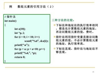 例      数组元素的引用方法（ 2 ）


// 指针法
int main()                               三种方法的比较：
{                                           下标法和地址法的执行效率相同
        int a[10];                           ，都是先计算数组元素的地址，
        int *p, i;                           再访问数组元素的值，费时。
        for (i = 0; i < 10; i++)            指针法利用指针变量直接访问数
                   scanf(“%d”, &a[i]);       组元素的值，不必计算数组元素
        printf(“n”);                        的地址，执行效率高。
        for (p = a; p < a+10; p++)          下标法直观，指针法与地址法不
        printf(“%d,”, *p);                   够直观。
        return 0;
}


                                                         15
 