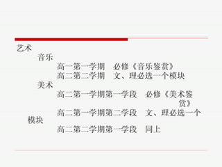 艺术 音乐 高一第一学期  必修《音乐鉴赏》 高二第二学期  文、理必选一个模块 美术 高二第一学期第一学段  必修《美术鉴 赏》 高二第一学期第二学段  文、理必选一个模块 高二第二学期第一学段  同上  