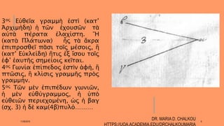 3ος Εὐθεῖα γραμμὴ ἐστὶ (κατ’
Ἀρχιμήδη) ἡ τῶν ἐχουσῶν τὰ
αὐτὰ πέρατα ἐλαχίστη. Ἢ
(κατὰ Πλάτωνα) ἧς τὰ ἄκρα
ἐπιπροσθεῖ πᾶσι τοῖς μέσοις, ἢ
(κατ’ Εὐκλείδη) ἥτις ἐξ ἴσου τοῖς
ἐφ’ ἑαυτῆς σημείοις κεῖται.
4ος Γωνία ἐπίπεδος ἐστὶν ἀφή, ἢ
πτῶσις, ἢ κλίσις γραμμῆς πρὸς
γραμμήν.
5ος Τῶν μὲν ἐπιπέδων γωνιῶν,
ἡ μὲν εὐθύγραμμος, ἡ ὑπὸ
εὐθειῶν περιεχομένη, ὡς ἡ βαγ
(σχ. 3) ἡ δὲ καμ(4β)πυλό………
11/06/2016
DR. MARIA D. CHALKOU
HTTPS://UOA.ACADEMIA.EDU/DRCHALKOUMARIA
6
 