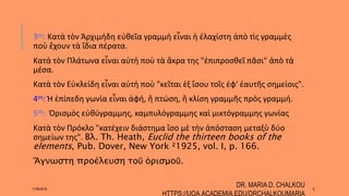 3ος: Κατὰ τὸν Ἀρχιμήδη εὐθεῖα γραμμὴ εἶναι ἡ ἐλαχίστη ἀπὸ τὶς γραμμὲς
ποὺ ἔχουν τὰ ἴδια πέρατα.
Κατὰ τὸν Πλάτωνα εἶναι αὐτὴ ποὺ τὰ ἄκρα της "ἐπιπροσθεῖ πᾶσι" ἀπὸ τὰ
μέσα.
Κατὰ τὸν Εὐκλείδη εἶναι αὐτὴ ποὺ "κεῖται ἐξ ἴσου τοῖς ἐφ' ἑαυτῆς σημείοις".
4ος: Ἡ ἐπίπεδη γωνία εἶναι ἁφή, ἢ πτώση, ἢ κλίση γραμμῆς πρὸς γραμμή.
5ος: Ὁρισμὸς εὐθύγραμμης, καμπυλόγραμμης καὶ μικτόγραμμης γωνίας
Κατὰ τὸν Πρόκλο "κατέχειν διάστημα ἴσο μὲ τὴν ἀπόσταση μεταξὺ δύο
σημείων της". Βλ. Th. Heath, Euclid the thirteen books of the
elements, Pub. Dover, New York ²1925, vol. I, p. 166.
Ἄγνωστη προέλευση τοῦ ὁρισμοῦ.
11/06/2016
DR. MARIA D. CHALKOU
HTTPS://UOA.ACADEMIA.EDU/DRCHALKOUMARIA
8
 