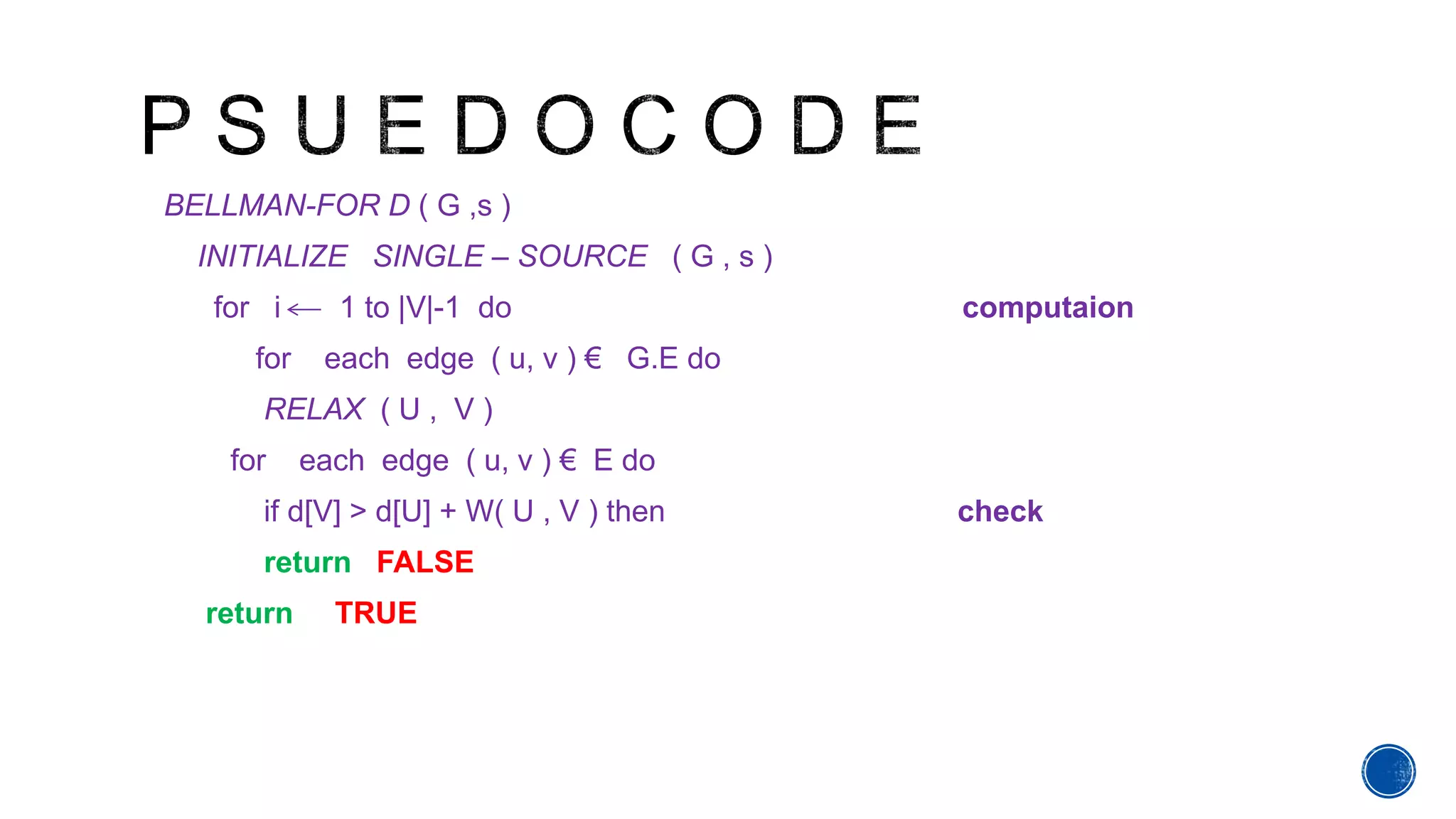 BELLMAN-FOR D ( G ,s )
INITIALIZE SINGLE – SOURCE ( G , s )
for i 1 to |V|-1 do computaion
for each edge ( u, v ) € G.E do
RELAX ( U , V )
for each edge ( u, v ) € E do
if d[V] > d[U] + W( U , V ) then check
return FALSE
return TRUE
 