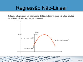 Regressão Não-Linear
• Estamos interessados em minimizar a distância de cada ponto (xi; yi) da tabela à
cada ponto (xi; a0 + a1xi + a2xi2) da curva
 