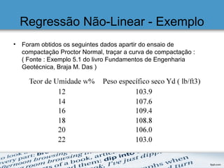 Regressão Não-Linear - Exemplo
• Foram obtidos os seguintes dados apartir do ensaio de
compactação Proctor Normal, traçar a curva de compactação :
( Fonte : Exemplo 5.1 do livro Fundamentos de Engenharia
Geotécnica, Braja M. Das )
 