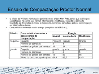 Ensaio de Compactação Proctor Normal
• O ensaio de Proctor é normalizado pelo método de ensaio NBR 7182, sendo que as energias
especificadas na norma são: normal, intermediária e modificada, variando-se com esta
finalidade, as dimensões do molde e do soquete, número de camadas e golpes, conforme pode
ser observado na tabela.
• Características inerentes a cada energia (compilado da NBR 7182).
 