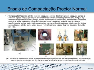 Ensaio de Compactação Proctor Normal
• Compactação Proctor (a) cilindro pequeno e soquete pequeno (b) cilindro grande e soquete grande. É
colocado o papel filtro ((a)) e lançada a quantidade de solo em camadas (vide esquema da figura (b),
conforme energia especificada (energia, normal intermediária ou modificada), tomando-se o cuidado de
escarificar a face superior da camada compactada, antes de lançar a próxima, para promover a
aderência entre ambas. Na (c) está apresentada a compactação utilizando-se o cilindro grande. Após a
compactação, o cilindro com o solo é pesado ( (d)) e finalmente o corpo de prova é extraído do molde
((e) e (f)).
(a) Colocação de papel filtro no molde; (b) esquema de compactação (soquete leve e soquete pesado); (c) compactação
cilindro grande; (d) pesagem do corpo de prova após a compactação; (e) e (f) extração do corpo de prova.
 
