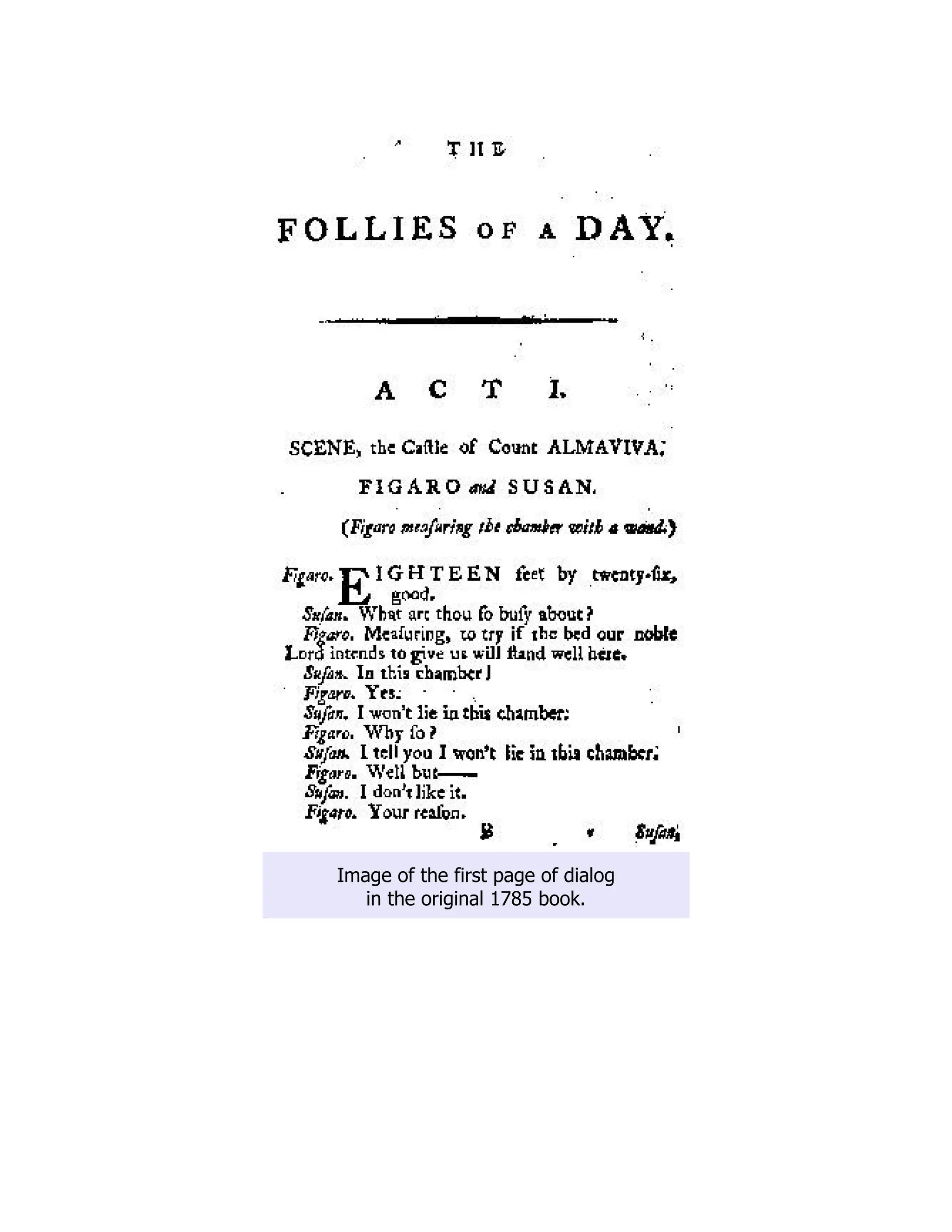 Image of the first page of dialog
in the original 1785 book.
 