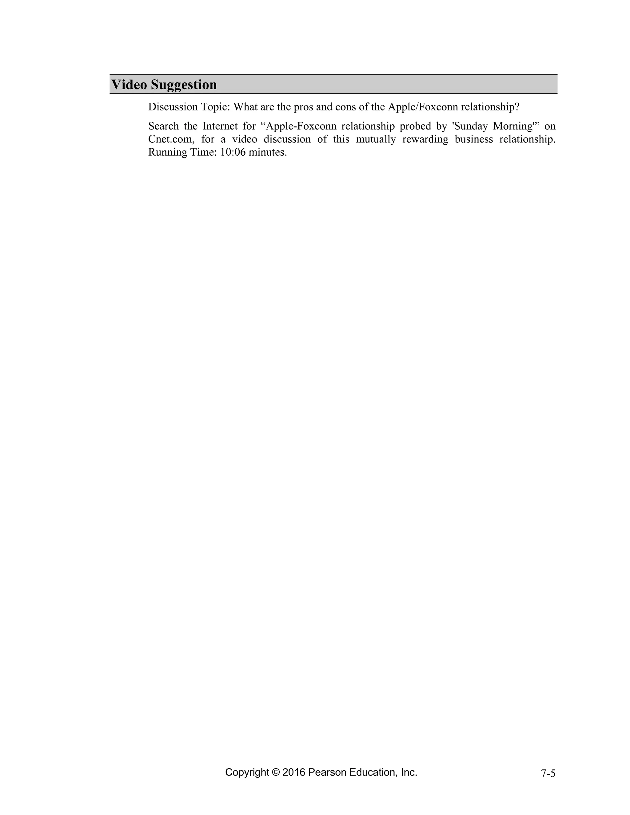 Copyright © 2016 Pearson Education, Inc. 7-5
Video Suggestion
Discussion Topic: What are the pros and cons of the Apple/Foxconn relationship?
Search the Internet for “Apple-Foxconn relationship probed by 'Sunday Morning'” on
Cnet.com, for a video discussion of this mutually rewarding business relationship.
Running Time: 10:06 minutes.
 