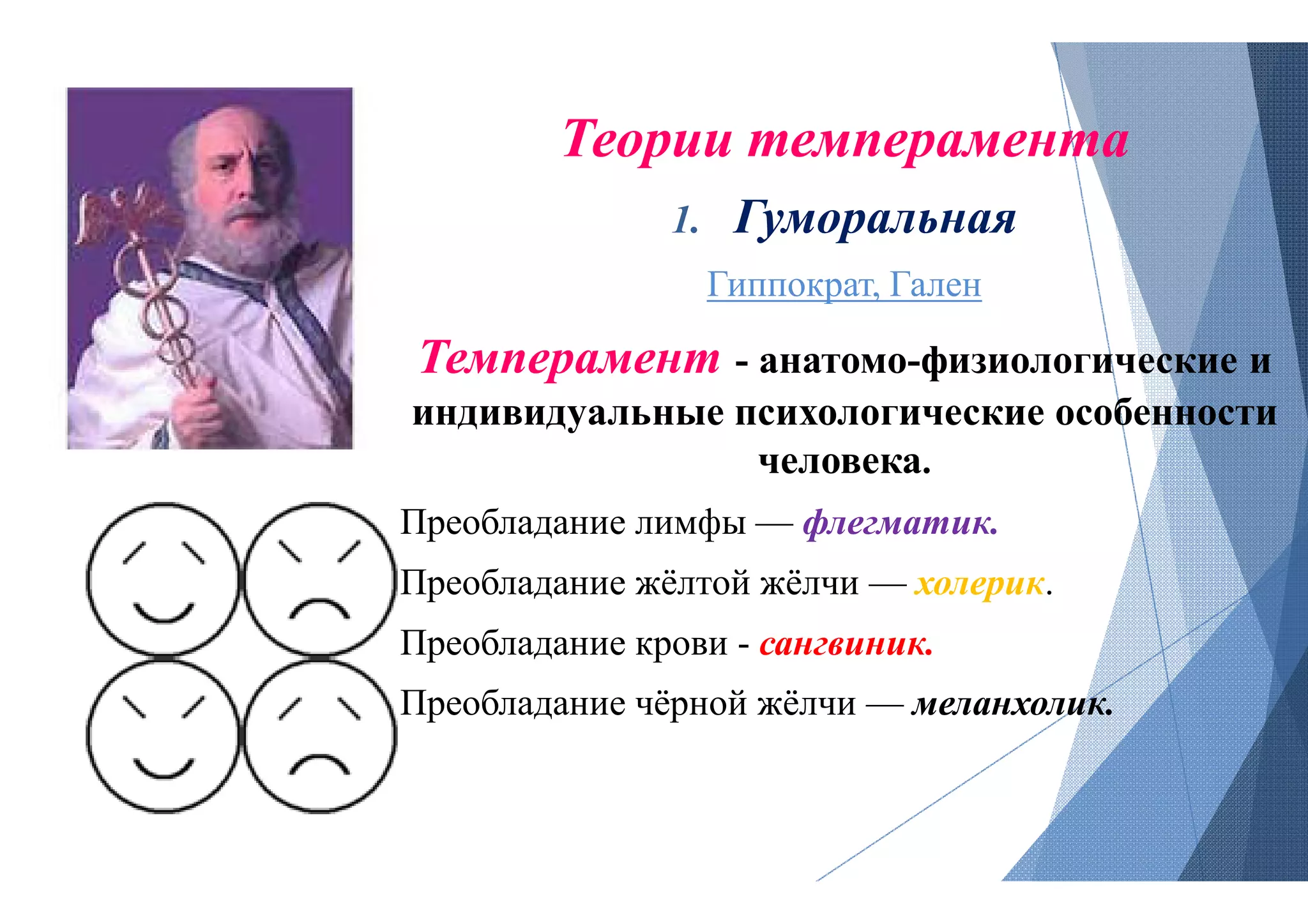 Теории темперамента
Темперамент
индивидуальные психологические особенности
Преобладание лимфы
Преобладание жёлтой
Преобладание крови
Преобладание чёрной жёлчи
Теории темперамента
1. Гуморальная
Гиппократ, Гален
Темперамент - анатомо-физиологические и
индивидуальные психологические особенности
человека.
Преобладание лимфы — флегматик.
Преобладание жёлтой жёлчи — холерик.
Преобладание крови - сангвиник.
Преобладание чёрной жёлчи — меланхолик.
 