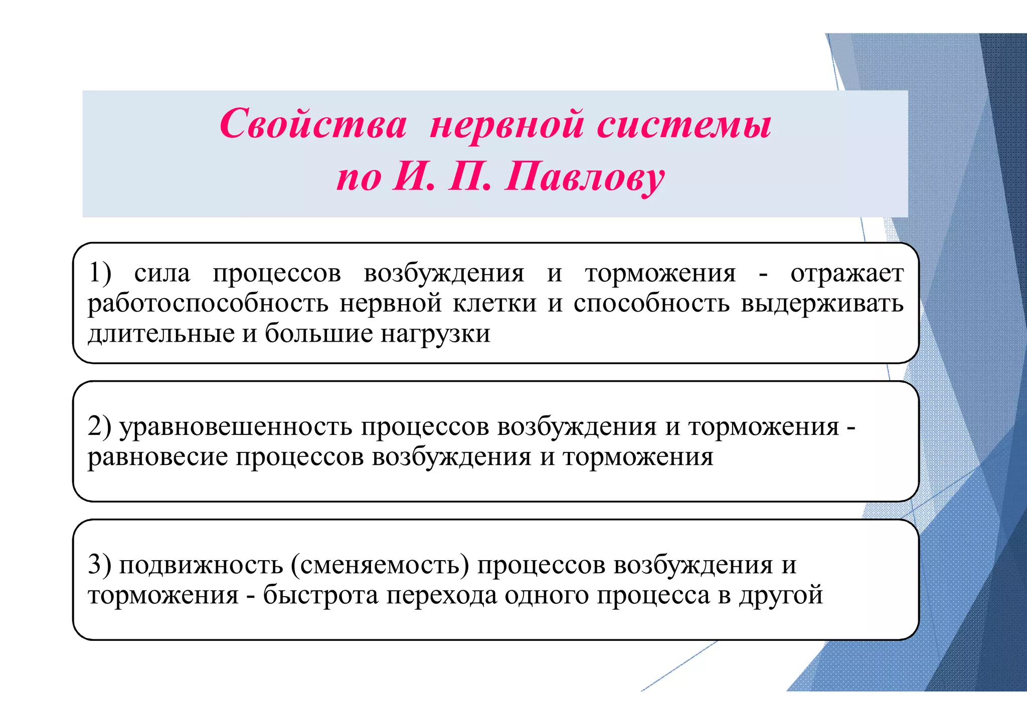 Свойства нервной системы
по И. П. Павлову
1) сила процессов возбуждения
работоспособность нервной клетки
длительные и большие нагрузки
2) уравновешенность процессов возбуждения и торможения
равновесие процессов возбуждения и торможения
3) подвижность (сменяемость) процессов возбуждения и
торможения - быстрота перехода одного процесса в другой
Свойства нервной системы
по И. П. Павлову
возбуждения и торможения - отражает
клетки и способность выдерживать
2) уравновешенность процессов возбуждения и торможения -
равновесие процессов возбуждения и торможения
3) подвижность (сменяемость) процессов возбуждения и
быстрота перехода одного процесса в другой
 