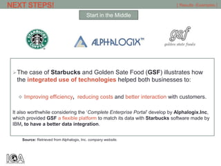 The case of Starbucks and Golden Sate Food (GSF) illustrates how
the integrated use of technologies helped both businesses to:
 Improving efficiency, reducing costs and better interaction with customers.
It also worthwhile considering the ‘Complete Enterprise Portal’ develop by Alphalogix.Inc,
which provided GSF a flexible platform to match its data with Starbucks software made by
IBM, to have a better data integration.
[ Results -Examples ]
Source: Retrieved from Alphalogix, Inc. company website.
Start in the Middle
NEXT STEPS!
 
