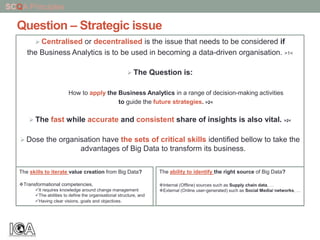 Question – Strategic issue
 Centralised or decentralised is the issue that needs to be considered if
the Business Analytics is to be used in becoming a data-driven organisation. >1<
 The Question is:
How to apply the Business Analytics in a range of decision-making activities
to guide the future strategies. >2<
 The fast while accurate and consistent share of insights is also vital. >2<
 Dose the organisation have the sets of critical skills identified bellow to take the
advantages of Big Data to transform its business.
The skills to iterate value creation from Big Data?
Transformational competencies,
It requires knowledge around change management
The abilities to define the organisational structure, and
Having clear visions, goals and objectives.
The ability to identify the right source of Big Data?
Internal (Offline) sources such as Supply chain data, …
External (Online user-generated) such as Social Media/ networks, …
SCQA Principles
 