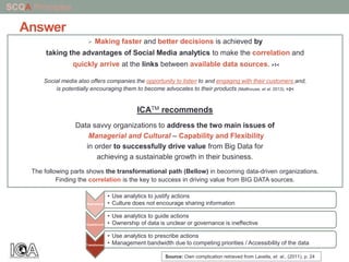 Answer
 Making faster and better decisions is achieved by
taking the advantages of Social Media analytics to make the correlation and
quickly arrive at the links between available data sources. >1<
Social media also offers companies the opportunity to listen to and engaging with their customers and,
is potentially encouraging them to become advocates to their products (Malthouse, et al. 2013). >2<
ICATM recommends
Data savvy organizations to address the two main issues of
Managerial and Cultural – Capability and Flexibility
in order to successfully drive value from Big Data for
achieving a sustainable growth in their business.
The following parts shows the transformational path (Bellow) in becoming data-driven organizations.
Finding the correlation is the key to success in driving value from BIG DATA sources.
SCQA Principles
Aspirational
• Use analytics to justify actions
• Culture does not encourage sharing information
Experienced
• Use analytics to guide actions
• Ownership of data is unclear or governance is ineffective
Transformed
• Use analytics to prescribe actions
• Management bandwidth due to competing priorities / Accessibility of the data
Source: Own complication retrieved from Lavella, et. al., (2011), p. 24
 