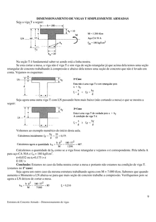 Estrutura de Concreto Armado – Dimensionamento de vigas 
9 
DIMENSIONAMENTO DE VIGAS T SIMPLESMENTE ARMADAS 
Seja a viga T a seguir: 
Na seção T é fundamental saber-se aonde está a linha neutra. 
Se esta cortar a mesa, a viga não é viga T e sim viga de seção retangular já que acima dela temos uma seção 
retangular de concreto trabalhando à compressão e abaixo dela temos uma seção de concreto que não é levado em 
conta. Vejamos os esquemas: 
Seja agora uma outra viga T com LN passando bem mais baixo (não cortando a mesa) e que se mostra a 
seguir: 
Voltemos ao exemplo numérico do início desta aula. 
Calculemos a quantidade de k6 como se a viga fosse retangular e vejamos o e correspondente. Pela tabela A 
para aço CA 50A e fck = 180 kgf/cm2. 
e=0,032 ou ef=0,175 > e 
E OU > 
Conclusão: Estamos no caso da linha neutra cortar a mesa e portanto não estamos na condição de viga T. 
(estamos no 1º caso) 
Seja agora um outro caso da mesma estrutura trabalhando agora com M = 7.000 tfcm. Sabemos que quando 
aumenta o Momento a LN abaixa-se para que mais seção de concreto trabalhe a compressão. Verifiquemos pois se 
agora a LN deixou de cortar a mesa. 
 