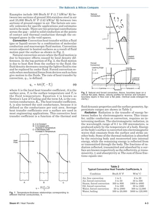 Steam 41 / Heat Transfer 4-3
The Babcock & Wilcox Company
Examples include 300 Btu/h ft2
F (1.7 kW/m2
K) be-
tween two sections of ground 304 stainless steel in air
and 25,000 Btu/h ft2
F (142 kW/m2
K) between two
sections of ground copper in air. The factors are usu-
ally unknown for specific applications and estimates
need to be made. There are two principal contributions
across the gap – solid to solid conduction at the points
of contact and thermal conduction through the en-
trapped gases in the void spaces.
Convection Convection heat transfer within a fluid
(gas or liquid) occurs by a combination of molecular
conduction and macroscopic fluid motion. Convection
occurs adjacent to heated surfaces as a result of fluid
motion past the surface as shown in Fig. 2.
Natural convection occurs when the fluid motion is
due to buoyancy effects caused by local density dif-
ferences. In the top portion of Fig. 2, the fluid motion
is due to heat flow from the surface to the fluid; the
fluid density decreases causing the lighter fluid to rise
and be replaced by cooler fluid. Forced convection re-
sults when mechanical forces from devices such as fans
give motion to the fluids. The rate of heat transfer by
convection, qcv, is defined:
q hA T Tcv s f= −( ) (4)
where h is the local heat transfer coefficient, A is the
surface area, Ts is the surface temperature and Tƒ is
the fluid temperature. Equation 4 is known as
Newton’s Law of Cooling and the term hAs is the con-
vection conductance, Kcv. The heat transfer coefficient,
h, is also termed the unit conductance, because it is
defined as the conductance per unit area. Average
heat transfer coefficients over a surface are used in
most engineering applications. This convective heat
transfer coefficient is a function of the thermal and
fluid dynamic properties and the surface geometry.Ap-
proximate ranges are shown in Table 2.
Radiation Radiation is the transfer of energy be-
tween bodies by electromagnetic waves. This trans-
fer, unlike conduction or convection, requires no in-
tervening medium. The electromagnetic radiation, in
the wavelength range of 0.1 to 100 micrometers, is
produced solely by the temperature of a body. Energy
at the body’s surface is converted into electromagnetic
waves that emanate from the surface and strike an-
other body. Some of the thermal radiation is absorbed
by the receiving body and reconverted into internal
energy, while the remaining energy is reflected from
or transmitted through the body. The fractions of ra-
diation reflected, transmitted and absorbed by a sur-
face are known respectively as the reflectivity, ρ, trans-
missivity, τ, and absorptivity α. The sum of these frac-
tions equals one:
Fig. 2 Natural and forced convection. Above, boundary layer on a
vertical flat plate. Below, velocity profiles for laminar and turbulent
boundary layers in flow over a flat plate. (Vertical scale enlarged for
clarity.)
Table 2
Typical Convective Heat Transfer Coefficients, h
Condition Btu/h ft2
F W/m2
C
Air, free convection 1 to 5 6 to 30
Air, forced convection 5 to 50 30 to 300
Steam, forced convection 300 to 800 1800 to 4800
Oil, forced convection 5 to 300 30 to 1800
Water, forced convection 50 to 2000 300 to 12,000
Water, boiling 500 to 20,000 3000 to 120,000Fig. 1 Temperature-thickness relationships corresponding to
different thermal conductivities, k.
 