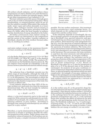 4-4 Steam 41 / Heat Transfer
The Babcock & Wilcox Company
ρ τ α+ + = 1 (5)
All surfaces absorb radiation, and all surfaces whose
temperatures are above absolute zero emit thermal ra-
diation. Surfaces in boilers are typically opaque, which
do not allow transmission of any radiation (τ = 0).
Thermal radiation generally passes through gases
such as dry air with no absorption taking place. These
nonabsorbing, or nonparticipating, gases do not af-
fect the radiative transfer. Other gases, like carbon di-
oxide, water vapor and carbon monoxide, to a lesser
degree, affect radiative transfer and are known as
participating gases. These gases, prevalent in the flue
gases of a boiler, affect the heat transfer to surfaces
and the distribution of energy absorbed in the boiler.
All bodies continuously emit radiant energy in
amounts which are determined by the temperature
and the nature of the surface. A perfect radiator, or
blackbody, absorbs all of the incident thermal radia-
tion, G, reaching its surface:
q A Gr
+
= (6)
and emits radiant energy at the maximum theoreti-
cal limit according to the Stefan-Boltzmann law:
q A Tr s
−
= σ 4
(7)
σ is the Stefan-Boltzmann constant 0.1713 × 10-8
Btu/
h ft2
R4
(5.669 × 10-8
W/m2
K4
), and Ts is the absolute
temperature of the surface, R (K). The product σ Ts
4
is also known as the blackbody emissive power, Eb. The
net radiative heat transfer of a blackbody is the dif-
ference between absorbed and emitted radiant energy:
q q q A G Tr r r s= − = −+ −
( )σ 4
(8)
The radiation from a blackbody extends over the
whole range of wavelengths, although the bulk of it
in boiler applications is concentrated in a band from
0.1 to 20 micrometers. The wavelength at which the
maximum radiation intensity occurs is inversely pro-
portional to the absolute temperature of the body; this
is known as Wien’s law.
A real radiator absorbs less than 100% of the en-
ergy incident on it and emits less than the maximum
theoretical limit. The net heat transfer by radiation
from a real surface can be expressed by:
q A G Tr s= −( )α ε σ 4
(9)
where ε is the total emissivity and α is the total ab-
sorptivity. If the emissivity and absorptivity are inde-
pendent of wavelength, the surface is termed a non-
selective radiator, or gray surface. According to
Kirchoff’s law, emissivity and absorptivity are always
equal for a gray surface:
ε α= (10)
Therefore, a can be eliminated from Equation 9, and
emissivity is all that is needed to describe the radia-
tion properties of the surface. Table 3 shows some rep-
resentative values of emissivity. If all surfaces are as-
sumed to be gray, a simpler treatment of radiation is
possible. For two surface enclosures, this treatment
involves introducing a total exchange factor, F12,
which depends on the configuration (geometry), the
emissivities and the surface areas.3
If the emissivity depends on wavelength, the sur-
face is termed a selective or non-gray radiator.Accord-
ing to Kirchhoff’s law, spectral emissivity and spec-
tral absorptivity are always equivalent, ελ =αλ, for non-
gray surfaces. Total emissivity is the integrated aver-
age of ελ over the spectrum of emitted radiation, and
total absorptivity is the integrated average of αλ over
the spectrum of incident radiation. The terms emis-
sivity and emittance (and corresponding terms absorp-
tivity and absorptance) are commonly interchanged
in the literature. For convenience, the term emittance
is used here for total emissivity and absorptance is
used for total absorptivity, of non-gray surfaces.
For non-gray surfaces, the emittance can be ex-
pressed as a function of the surface temperature ε (Ts),
and absorptance as a function of the incident radia-
tion or flame temperature, α (Tf). Based on
Kirchhoff ’s law, plots of ε vs Ts may be interpreted as
plots of α vs Tf if the physical state of the surface is
unchanged. An analysis of non-gray conditions re-
quires temperature dependent emittance and absorp-
tance, or spectral property calculations which are more
complicated. An example of non-gray radiators in a
boileraretheashdepositsonwaterwallheatingsurfaces.
The net radiation heat transfer between two black-
body surfaces which are separated by a vacuum or
nonparticipating gas is written:
q A F T T12 1 12 1
4
2
4
= −( )σ (11)
A1 is the surface area; F12 is the geometric shape fac-
tor and represents the fraction of radiant energy leav-
ing surface 1 that directly strikes surface 2.As will be
discussed later for radiation between two surfaces, F12
is the exchange factor for two surfaces based on the
geometric arrangement only, and F12 is the exchange
factor that includes the effects of emissivity for gray
surfaces, and participating media between the sur-
faces. For blackbody surfaces (ε1 = ε2 = 1) and nonpar-
ticipating media, F12 = F12. T1 and T2 are the surface
temperatures. Since the net energy at surface 1 must
balance the net energy at surface 2, we can write:
q q12 21= − (12)
Using Equations 11 and 12, the following results:
A F A F1 12 2 21= (13)
Table 3
Representative Values of Emissivity
Polished metals 0.01 < ε < 0.08
Metals, as-received 0.1 < ε < 0.2
Metals oxidized 0.25 < ε < 0.7
Ceramic oxides 0.4 < ε < 0.8
Special paints 0.9 < ε < 0.98+
 