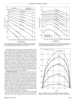 Steam 41 / Heat Transfer 4-13
The Babcock & Wilcox Company
Radiation properties of gases can be calculated more
accurately based on fundamental models for spectral
gas radiation. The exponential wide band model9
pre-
dicts spectral absorption and emission properties of
single and multi-component gases including H2O,
CO2, CO, CH4, NO, and SO2 as a function of tempera-
ture and pressure. Diatomic gases N2, O2 and H2 may
contribute to the total gas volume and pressure of the
mixture, but are considered transparent to infrared
radiation. Radiation properties are conveniently ex-
pressed as emission and absorption coefficients that
dependonlocalvariationsingascomposition,tempera-
ture, and pressure. This approach is suitable for nu-
mericalmodelingofradiationwithparticipatingmedia,
which requires frequent evaluation of gas properties
at a large number of control volumes.
Entrained particles Combustion usually involves
some form of particulate that is entrained in combus-
tion gases. Particles are introduced as the fuel which
undergo transformations of combustion and/or are
formed by the processes of condensation and agglom-
eration of aerosol particles. Entrained particles have
asignificantroleinradiationheattransferbecausethey
absorb, emit, and scatter radiation. Scattering effec-
tively extends the beam length of radiation in an en-
closure,becausethebeamchangesdirectionmanytimes
before it reaches a wall. Radiation from entrained par-
ticles depends on the particle shape, size distribution,
chemicalcomposition,concentration,temperature,and
the wavelength of incident radiation.
Particulates in boilers are comprised of unreacted
fuel (coal, oil, black liquor), char, ash, soot, and other
aerosols. Soot is an example of an aerosol that con-
0.05
1.0
0.06
0.07
0.04
0.03
0.02
0.01
0.00
0.0 0.2 0.4 0.6 0.8
90 bar cm
30 bar cm
60 bar cm
90 bar cm
1700F (925C) and Above
p L + p L = 120 bar cm
p
p + p
Fig. 11 Radiation heat transfer correction factor associated with
mixtures of water vapor and carbon dioxide.8
(1 bar-cm = 0.0324 ft-atm)
Fig.10 Emissivity of carbon dioxide at one atmosphere total pressure:
pcL= partial pressure in atmospheres x mean beam length in feet.8
(1 bar-cm = 0.0324 ft-atm; T(F) = [T(C) x 1.8] + 32)
EmissivityofCarbonDioxide
0.005
0.05
0.10
0.20
0.30
0.01
2200200016001200800200 1000 1400 1800400 600
Carbon Dioxide
Total Pressure 1 bar
Partial Pressure 0 bar
0.3 bar cm
0.15
bar cm
2 bar cm
4 bar cm
15 bar cm
40 bar cm
8 bar cm
1 bar cm
0.6 bar cm
100 bar cm
Temperature, C
(T)F = (T(C) x 1.8) + 32
0.04
0.03
0.02
p
c L
=
0.5
bar cm
Fig. 9 Emissivity of water vapor at one atmosphere total pressure:
pwL= partial pressure in atmospheres x mean beam length in feet.8
(1 bar-cm = 0.0324 ft-atm; T(F) = [T(C) x 1.8] + 32)
EmissivityofWaterVapor
0.70
0.50
0.10
0.05
0.01
2200200016001200800200
Temperature, C
T(F) = (T(C) x 1.8) + 32
1000 1400 1800400 600
Water Vapor
Total Pressure 1 bar
Partial Pressure 0 bar
40 bar cm
80 bar cm
150 bar cm
400 bar cm
10 bar cm
20 bar cm
3 bar cm
0.5
bar cm
1.5 bar cm
6 bar cm0.08
0.04
0.03
0.02
0.20
p
w L
=
0.2
bar cm
 