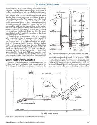Steam 41 / Boiling Heat Transfer, Two-Phase Flow and Circulation 5-3
The Babcock & Wilcox Company
flow structures or patterns: bubbly, intermediate and
annular. This is a result of the complex interaction of
surface tension forces, interfacial phenomena, pres-
sure drop, steam-water densities and momentum ef-
fects coupled with the surface boiling behavior. While
boiling heat transfer continues throughout, a point is
reached in the annular flow regime where the liquid
film on the wall becomes so thin that nucleation in the
film is suppressed, point 3. Heat transfer then occurs
through conduction and convection across the thin
annular film with surface evaporation at the steam-
water interface. This heat transfer mechanism, called
convective boiling, also results in high heat transfer
rates. It should also be noted that not all of the liquid
is on the tube wall.Aportion is entrained in the steam
core as dispersed droplets.
Eventually, an axial location, point 4, is reached
where the tube surface is no longer wetted and CHF
or dryout occurs. This is typically associated with a
temperature rise. The exact tube location and magni-
tude of this temperature, however, depend upon a
variety of parameters, such as the heat flux, mass
flux, geometry and steam quality. Fig. 3 illustrates the
effect of heat input rate, or heat flux, on CHF loca-
tion and the associated temperature increase. From
points 4 to 5 in Fig. 2, post-CHF heat transfer, which
is quite complex, occurs. Beyond point 5, all of the liq-
uidisevaporatedandsimpleconvectiontosteamoccurs.
Boiling heat transfer evaluation
Engineeringdesignofsteamgeneratorsrequiresthe
evaluation of water and steam heat transfer rates un-
der boiling and nonboiling conditions. In addition, the
identification of the location of critical heat flux (CHF)
is important where a dramatic reduction in the heat
transfer rate could lead to: 1) excessive metal tempera-
tures potentially resulting in tube failures, 2) an un-
acceptable loss of thermal performance, or 3) unaccept-
able temperature fluctuations leading to thermal fa-
Fig. 3 Tube wall temperatures under different heat input conditions.
Fig. 2 Simplified flow boiling in a vertical tube (adapted from Collier1
).
 