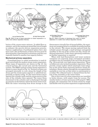 Steam 41 / Boiling Heat Transfer, Two-Phase Flow and Circulation 5-15
The Babcock & Wilcox Company
bution of the steam-water mixture, 3) added flow re-
sistance, and 4) the maximum steam flow travel length
to enhance the gravity-driven separation process.
Various combinations of perforated plates have also
been used. The performance of these devices must be
determined by experimental evaluations and they are
typically limited to smaller, low capacity boilers.
Mechanical primary separators
Centrifugal force or radial acceleration is used al-
most universally for modern steam-water separators.
Three types of separators are shown in Fig. 23: the
conical cyclone, the curved arm and the horizontal
cyclone. The B&W vertical cyclone steam separator is
shown in more detail in Fig. 24. Vertical cyclones are
arranged internally in rows along the length of the
drum and the steam-water mixture is admitted tan-
gentially as shown in Fig. 19. The water forms a layer
against the cylinder walls and the steam moves to the
core of the cylinder then upward. The water flows
downward in the cylinder and is discharged through
an annulus at the bottom, below the drum water level.
With the water returning from drum storage to the
Fig. 20 Effect of rate of steam generation on steam separation in a
boiler drum without separation devices.
Fig. 21 Effect of location of discharge from risers on steam
separation in a boiler drum without separation devices.
downcomers virtually free of steam bubbles, the maxi-
mum net pumping head is available for producing flow
in the circuits. The steam moving upward from the
cylinder passes through a small primary corrugated
scrubber at the top of the cyclone (see Fig. 24) for ad-
ditional separation. Under many operating conditions,
no further separation is required.
When wide load fluctuations and water analysis
variations are expected, large corrugated secondary
scrubbers may be installed at the top of the drum (see
Fig. 19) to provide very high steam separation. These
scrubbers are also termed secondary separators. They
provide a large surface which intercepts water drop-
lets as the steam flows sinuously between closely fit-
ted plates. Steam velocity through the corrugated plate
assembly is very low, so that water re-entrainment is
avoided. The collected water is drained from the bot-
tom of the assembly to the water below.
One to four rows of cyclone separators are installed
in boiler drums, with ample room for access. For
smaller boilers at lower pressures [100 psig (0.7 MPa
gauge)], the separation rate of clean steam by single
and double rows of cyclone separators is approximately
Fig. 22 Simple types of primary steam separators in boiler drums: a) deflector baffle, b) alternate deflector baffle, and c) compartment baffle.
 