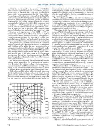 The Babcock & Wilcox Company
7-6 Steam 41 / Metallurgy, Materials and Mechanical Properties
weld hardness, especially in the presence of Cr. In low
alloy steel for high temperature applications, the car-
bon content is usually restricted to a maximum of
about 0.15% to ensure optimum ductility for welding,
expanding and bending operations, but it should be
no lower than 0.07% for optimum creep strength. To
minimize intergranular corrosion caused by carbide
precipitation, the carbon content of austenitic stain-
lesssteelalloysislimitedto0.10%.Thismaximummay
be reduced to 0.03% in extremely low carbon grades
used in certain corrosion resistant applications. How-
ever, at least 0.04% C is required for acceptable creep
strength. In plain, normalized carbon steels, the creep
resistance at temperatures below 825F (441C) in-
creases with carbon content up to 0.4% C; at higher
temperatures, there is little variation of creep proper-
ties with carbon content. An increase in carbon con-
tent also lessens the thermal and electrical conductivi-
ties of steel and increases its hardness on quenching.
Manganese (Mn) is infinitely soluble in austenite
and up to about 10% soluble in ferrite. It combines
with residual sulfur while the steel is molten to form
manganese sulfides, which have a much higher melt-
ing point than iron sulfides. Without the Mn, iron sul-
fides, which melt at about 1800F (982C), would form.
This would lead to hot-shortness, a brittle-failure
mechanism, during hot forming operations. The Mn
therefore produces the malleability that differentiates
steel from cast iron.
Mn is a good solid solution strengthener, better than
Ni and about as good as Cr. In alloy steels, manga-
nese decreases the critical cooling rate to cause mar-
tensitic structure and thus contributes to deep hard-
ening. It can also be used in austenitic stainless steels
to replace Ni as the austenite stabilizer at lower cost.5
Molybdenum (Mo), when added to steel, increases
its strength, elastic limit, resistance to wear, impact
qualities and hardenability. Mo contributes to high
temperature strength and permits heating steel to a
red hot condition without loss of hardness. It also in-
creases the resistance to softening on tempering and
restrainsgraingrowth.Momakeschromiumsteelsless
susceptible to temper embrittlement and it is the most
effective single additive that increases high tempera-
ture creep strength.
An important use of Mo is for corrosion resistance
improvement in austenitic stainless steels. It enhances
the inherent corrosion resistance of these steels in
reducing chemical media and it increases their pas-
sivity under mildly oxidizing conditions. Under cer-
tain conditions, molybdenum reduces the susceptibil-
ity of stainless steels to pitting.
Chromium (Cr) is the essential constituent of stain-
lesssteel.Whileotherelementsarestrongeroxideform-
ers, Cr is the only one that is highly soluble in iron
(about 20% in austenite and infinite in ferrite) and forms
a stable, tightly adherent oxide. It is virtually irreplace-
able in resisting oxidation at elevated temperatures.
Cr raises the yield and ultimate strength, hardness,
and toughness of ferritic steel at room temperature.
It also contributes to high temperature strength. The
optimum chromium content for creep strength in an-
nealed low alloy steels is about 2.25%.
A steady improvement in resistance to atmospheric
corrosion and to attack by many reagents is also noted
when the chromium content is increased. A steel with
12% or more Cr is considered stainless, i.e., the Cr2O3
film is sufficient to prevent surface rust (hydrated iron
oxide) formation. The chemical properties of the steel,
however, are affected by the carbon content. Higher
chromium and lower carbon levels generally promote
increased corrosion resistance.
Adding more than 1% of chromium may cause ap-
preciable air hardening in the steel. Up to about 13.5%
Cr, air hardening is a direct function of chromium and
carbon content. Low carbon alloy steels containing
more than 12% Cr can become nonhardening, but the
impact strength is reduced and the ductility is poor. Cr
lessens thermal and electrical conductivities. The ad-
dition of sufficient Cr prevents graphitization during
long-term high temperature service of ferritic steels.
Nickel (Ni) increases toughness when added to
steel, particularly in amounts over 1%. Improved re-
sistance to corrosion by some media is attained with
Ni contents over 5%. Ni dissolves in the iron matrix
in all proportions and, therefore, raises the ultimate
strength without impairing the ductility of the steel.
Ni is particularly effective in improving impact prop-
erties, especially at low temperature.
The most important use of nickel as an alloying el-
ement in steel is its combination with chromium in
amounts of 8% Ni or more. Ni is such a strong auste-
nite former that the high chromium Fe-Ni-C alloys are
austenitic at room temperature. The various combi-
nations of chromium and nickel in iron produce alloy
properties that can not be obtained with equivalent
amounts of a single element. Common combinations
are 18% Cr - 8% Ni, 25% Cr - 12% Ni, 25% Cr - 20%
Ni, and 20% Cr - 30% Ni. These steels are resistant to
atmospheric corrosion and to oxidation at high tem-
peratures. In addition, they offer greatly enhanced
creep strength.
Ni is only slightly beneficial to creep properties of
Fig. 9 General effect of carbon on the mechanical properties of hot-
rolled carbon steel.
 