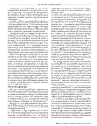 The Babcock & Wilcox Company
7-8 Steam 41 / Metallurgy, Materials and Mechanical Properties
Killing agents, such as Si and Al, are added to steel
for deoxidation; the latter is used for grain size con-
trol. Calcium and rare earth metals, when added to
the melt, have the same effects. Additionally, these
elements form complex oxides or oxysulfides and can
significantly improve formability by controlling the
sulfide shape.
Phosphorus (P) is a surprisingly effective hardener
when dissolved in quantities of up to 0.20%.5
However,
a high phosphorus content can notably decrease the
resistance of carbon steel to brittle fracture and reduce
ductilitywhenthemetaliscoldworked.Thisembrittling
effect is referred to as cold-shortness. The detrimental
effect of phosphorus increases with carbon content.
Phosphorus is effective in improving the machin-
ability of free-cutting steels. This is related to its
embrittling effect, which permits easier chip formation
on machining. In alloy steels intended for boiler ap-
plications, the permissible phosphorus content is less
than that for machining steels and its presence is ob-
jectionable for welding. Phosphorus is used as an al-
loying element (up to 0.15%) in proprietary low alloy,
high strength steels, where increased yield strength
and atmospheric corrosion resistance are primary re-
quirements. In the presence of certain acids, however, a
highphosphoruscontentmayincreasethecorrosionrate.
Sulfur (S) is generally undesirable in steel and
many processes have been developed to minimize its
presence. However, sulfur is sometimes added to steel
to improve its machinability, as are phosphorus and
other free-machining additives: calcium, lead, bis-
muth, selenium and tellurium. Several of these ele-
ments are virtually insoluble in steel and have low
melting points, or they form low melting temperature
compounds. These compounds can lead to cracking
due to liquid metal embrittlement or hot-shortness at
evenmoderatelyelevatedtemperatures.Hot-shortness
occurs when liquid iron sulfide forms at grain bound-
aries during hot-working and heat treatment of steels.6
Because the fastener industry favors free machining
steels due to their beneficial production effects, boiler
and pressure vessel manufacturers must exercise care
in applying threaded fasteners containing these ele-
ments at high temperatures.
Heat treating practices
Steel can be altered by modifying its microstructure
through heat treatment. Various heat treatments may
be used to meet hardness or ductility requirements,
improve machinability, refine grain structure, remove
internal stresses, or obtain high strength levels or
impact properties. The more common heat treatments,
annealing, normalizing, spheroidizing, hardening
(quenching) and tempering, are briefly described.
Annealing is a general term applied to several dis-
tinctly different methods of heat treatment. These are
full, solution, stabilization, intercritical, isothermal,
and process annealing.
Full annealing is done by heating a ferritic steel
above the upper critical transformation temperature
(A3 in Fig. 5), holding it there long enough to fully
transform the steel to austenite, and then cooling it
at a controlled rate in the furnace to below 600F
(316C). A full anneal refines grain structure and pro-
vides a relatively soft, ductile material that is free of
internal stresses.
Solution annealing is done by heating an austen-
itic stainless steel to a temperature that puts most of
the carbides into solution. The steel is held at this tem-
perature long enough to achieve grain growth. It is
then quenched in water or another liquid for fast cool-
ing, which prevents most of the carbides from
reprecipitating. This process achieves optimum creep
strength and corrosion resistance. For many boiler
applications,austeniticstainlesssteelsrequirethehigh
creep strength of a coarse grain structure but do not
require aqueous corrosion resistance, because they are
only exposed to dry steam and flue gases. Solution
treatment,usedtoachievegraingrowth,isrequiredforthese
applications, but the quenching step is not required.
Stabilization annealing is performed on austenitic
stainless steels used in severe aqueous corrosion en-
vironments. The steel is first solution annealed, then
reheated to about 1600F (871C) and held there. Ini-
tially, chromium carbides precipitate at the grain
boundaries in the steel. Because these are mostly of
the complex M23C6 type, which are very high in Cr, the
austenite adjacent to the grain boundaries is depleted
of chromium. This would normally leave the steel sus-
ceptibletocorrosiveattack,butholdingitat1600F(871C)
permitstheCrremainingintheaustenitesolutiontore-
distribute within the grains, restoring corrosion resis-
tance, even adjacent to the grain boundaries.
Intercritical annealing and isothermal annealing
are similar. They involve heating a hypoeutectoid fer-
ritic steel above the lower critical transformation tem-
perature (A1 in Fig. 5) but below the upper critical
temperature,A3.Thisdissolvesalltheironcarbidesbut
does not transform all the ferrite to austenite. Cool-
ing slowly from this temperature throughA1 produces
a structure of ferrite and pearlite that is free of inter-
nal stresses. In intercritical annealing, the steel con-
tinues to cool slowly in the furnace, similarly to full
annealing. In isothermal annealing, cooling is stopped
just below A1, assuring complete transformation to
ferrite and pearlite, and eliminating the potential for
bainite formation.
Process annealing, sometimes called subcritical an-
nealing or stress relieving, is performed at tempera-
tures just below the lower critical temperatureA1, usu-
ally between 950 and 1300F (510 and 704C). Process
annealing neither refines grains nor redissolves ce-
mentite, but it improves the ductility and decreases
residual stresses in work hardened steel.
Normalizing is a variation of full annealing. Once
it has been heated above the upper critical tempera-
ture, normalized steel is cooled in air rather than in a
controlled furnace atmosphere. Normalizing is some-
times used as a homogenization procedure; it assures
that any prior fabrication or heat treatment history
of the material is eliminated. Normalizing relieves the
internal stressescausedbypreviousworkingand,while
itproducessufficientsoftnessandductilityformanypur-
poses, it leaves the steel harder and with higher tensile
strengththanfullannealing.Toremovecoolingstresses,
normalizing is often followed by tempering.
 