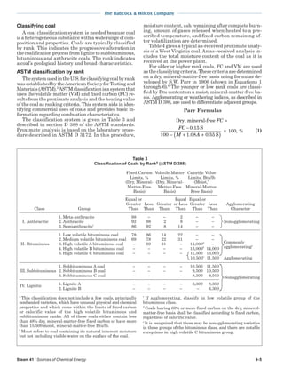 Steam 41 / Sources of Chemical Energy 9-5
The Babcock & Wilcox Company
Classifying coal
A coal classification system is needed because coal
is a heterogeneous substance with a wide range of com-
position and properties. Coals are typically classified
by rank. This indicates the progressive alteration in
the coalification process from lignite to subbituminous,
bituminous and anthracite coals. The rank indicates
a coal’s geological history and broad characteristics.
ASTM classification by rank
ThesystemusedintheU.S.forclassifyingcoalbyrank
wasestablishedbytheAmericanSocietyforTestingand
Materials(ASTM).5
ASTMclassificationisasystemthat
uses the volatile matter (VM) and fixed carbon (FC) re-
sultsfromtheproximateanalysisandtheheatingvalue
of the coal as ranking criteria. This system aids in iden-
tifying commercial uses of coals and provides basic in-
formation regarding combustion characteristics.
The classification system is given in Table 3 and
described in section D 388 of the ASTM standards.
Proximate analysis is based on the laboratory proce-
dure described in ASTM D 3172. In this procedure,
moisture content, ash remaining after complete burn-
ing, amount of gases released when heated to a pre-
scribed temperature, and fixed carbon remaining af-
ter volatilization are determined.
Table 4 gives a typical as-received proximate analy-
sis of a West Virginia coal.An as-received analysis in-
cludes the total moisture content of the coal as it is
received at the power plant.
For older or higher rank coals, FC and VM are used
astheclassifyingcriteria.Thesecriteriaaredetermined
on a dry, mineral-matter-free basis using formulas de-
veloped by S.W. Parr in 1906 (shown in Equations 1
through 6).6
The younger or low rank coals are classi-
fied by Btu content on a moist, mineral-matter-free ba-
sis. Agglomerating or weathering indices, as described in
ASTM D 388, are used to differentiate adjacent groups.
Parr Formulas
Dry, mineral-free
S
S
FC
FC
M A
=
−
− + +( )
×
0 15
100 1 08 0 55
100
.
. .
, % (1)
Table 3
Classification of Coals by Ranka
(ASTM D 388)
Fixed Carbon Volatile Matter Calorific Value
Limits, % Limits, % Limits, Btu/lb
(Dry, Mineral- (Dry, Mineral- (Moist,b
Matter-Free Matter-Free Mineral-Matter-
Basis) Basis) Free Basis)
Equal or Equal Equal or
Greater Less Greater or Less Greater Less Agglomerating
Class Group Than Than Than Than Than Than Character
1. Meta-anthracite 98 − − 2 − −
I. Anthracitic 2. Anthracite 92 98 2 8 − − Nonagglomerating
3. Semianthracitec
86 92 8 14 − −
1. Low volatile bituminous coal 78 86 14 22 − −
2. Medium volatile bituminous coal 69 78 22 31 − −
II. Bituminous 3. High volatile A bituminous coal − 69 31 − 14,000d
− Commonly
4. High volatile B bituminous coal − − − − 13,000d
14,000 agglomeratinge
5. High volatile C bituminous coal − − − − 11,500 13,000
10,500e
11,500 Agglomerating
1. Subbituminous A coal − − − − 10,500 11,500
III. Subbituminous 2. Subbituminous B coal − − − − 9,500 10,500
3. Subbituminous C coal − − − − 8,300 9,500 Nonagglomerating
1. Lignite A − − − − 6,300 8,300IV. Lignitic
2. Lignite B − − − − − 6,300
a
This classification does not include a few coals, principally
nonbanded varieties, which have unusual physical and chemical
properties and which come within the limits of fixed carbon
or calorific value of the high volatile bituminous and
subbituminous ranks. All of these coals either contain less
than 48% dry, mineral-matter-free fixed carbon or have more
than 15,500 moist, mineral-matter-free Btu/lb.
b
Moist refers to coal containing its natural inherent moisture
but not including visible water on the surface of the coal.
c
If agglomerating, classify in low volatile group of the
bituminous class.
d
Coals having 69% or more fixed carbon on the dry, mineral-
matter-free basis shall be classified according to fixed carbon,
regardless of calorific value.
e
It is recognized that there may be nonagglomerating varieties
in these groups of the bituminous class, and there are notable
exceptions in high volatile C bituminous group.
 