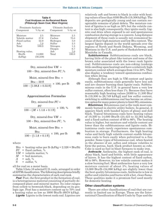 9-6 Steam 41 / Sources of Chemical Energy
The Babcock & Wilcox Company
Dry, mineral-free
Dry, mineral-free
VM
FC
=
−100 , %
(2)
Moist, mineral-free Btu
Btu S
S
, per l
=
−
− +( )
×
50
100 1 08 0 55
100
. .A
bb (3)
Approximation Formulas
Dry, mineral-free
S
FC
FC
M A
=
− + +( )
×
100 1 1 0 1
100
. .
, % (4)
Dry, mineral-free
Dry, mineral-free
VM
FC
=
−100 , %
(5)
Moist, mineral-free Btu
Btu
S
, per lb
=
− +( )
×
100 1 1 0 1
100
. .A
(6)
where
Btu = heating value per lb (kJ/kg = 2.326 × Btu/lb)
FC = fixed carbon, %
VM = volatile matter, %
M = bed moisture,
A = ash, %
S = sulfur, %
all for coal on a moist basis.
Table 5 lists 16 selected U.S. coals, arranged in order
ofASTMclassification.Thefollowingdescriptionsbriefly
summarize the characteristics of each coal rank.
Peat Peat, the first product in the formation of coal,
is a heterogeneous material consisting of partially de-
composed plant and mineral matter. Its color ranges
from yellow to brownish-black, depending on its geo-
logic age. Peat has a moisture content up to 70% and
a heating value as low as 3000 Btu/lb (6978 kJ/kg).
Lignite Lignite is the lowest rank coal. Lignites are
relatively soft and brown to black in color with heat-
ing values of less than 8300 Btu/lb (19,306 kJ/kg). The
deposits are geologically young and can contain rec-
ognizable remains of plant debris. The moisture con-
tent of lignites is as high as 30% but the volatile con-
tent is also high; consequently, they ignite easily. Lig-
nite coal dries when exposed to air and spontaneous
combustion during storage is a concern. Long distance
shipment of these coals is usually not economical be-
cause of their high moisture and low Btu content. The
largest lignite deposit in the world spreads over the
regions of North and South Dakota, Wyoming, and
Montana in the U.S. and parts of Saskatchewan and
Manitoba in Canada.
Subbituminous Subbituminous coals are black,
having little of the plant-like texture and none of the
brown color associated with the lower rank lignite
coal. Subbituminous coals are non-coking (undergo
little swelling upon heating) and have a relatively high
moisture content which averages from 15 to 30%. They
also display a tendency toward spontaneous combus-
tion when drying.
Although they are high in VM content and ignite
easily, subbituminous coals generally have less ash
and are cleaner burning than lignite coals. Subbitu-
minous coals in the U.S. in general have a very low
sulfur content, often less than 1%. Because they have
reasonably high heating values [8300 to 11,500 Btu/
lb (19,306 to 26,749 kJ/kg)] and low sulfur content,
switching to subbituminous coal has become an attrac-
tiveoptionformanypowerplantstolimitSO2 emissions.
Bituminous Bituminous coal is the rank most com-
monly burned in electric utility boilers. In general, it
appears black with banded layers of glossy and dull
black. Typical bituminous coals have heating values
of 10,500 to 14,000 Btu/lb (24,423 to 32,564 kJ/kg)
and a fixed carbon content of 69 to 86%. The heating
value is higher, but moisture and volatile content are
lower than the subbituminous and lignite coals. Bi-
tuminous coals rarely experience spontaneous com-
bustion in storage. Furthermore, the high heating
value and fairly high volatile content enable bitumi-
nous coals to burn easily when pulverized to a fine
powder. Some types of bituminous coal, when heated
in the absence of air, soften and release volatiles to
form the porous, hard, black product known as coke.
Coke is used as fuel in blast furnaces to make iron.
Anthracite Anthracite, the highest rank of coal, is
shiny black, hard and brittle, with little appearance
of layers. It has the highest content of fixed carbon,
86 to 98%. However, its low volatile content makes it
a slow burning fuel. Most anthracites have a very low
moisture content of about 3%; heating values of
15,000 Btu/lb (34,890 kJ/kg) are slightly lower than
the best quality bituminous coals.Anthracite is low in
sulfur and volatiles and burns with a hot, clean flame.
These qualities make it a premium fuel used mostly
for domestic heating.
Other classification systems
There are other classifications of coal that are cur-
rently in limited use in Europe. These are the Inter-
national Classification of Hard Coals by Type and the
Table 4
Coal Analyses on As-Received Basis
(Pittsburgh Seam Coal, West Virginia)
Proximate Analysis Ultimate Analysis
Component % by wt Component % by wt
Moisture 2.5 Moisture 2.5
Volatile matter 37.6 Carbon 75.0
Fixed carbon 52.9 Hydrogen 5.0
Ash 7.0 Sulfur 2.3
Total 100.0 Nitrogen 1.5
Oxygen 6.7
Heating value, Ash 7.0
Btu/lb 13,000 Total 100.0
(kJ/kg) (30,238)
 