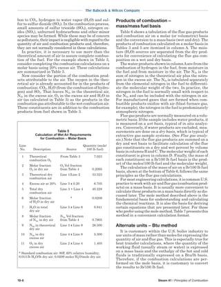 10-6 Steam 41 / Principles of Combustion
The Babcock & Wilcox Company
bon to CO2, hydrogen to water vapor (H2O) and sul-
fur to sulfur dioxide (SO2). In the combustion process,
small amounts of sulfur trioxide (SO3), nitrogen ox-
ides (NOx), unburned hydrocarbons and other minor
species may be formed. While these may be of concern
aspollutants,theirimpactisnegligiblewithregardtothe
quantity of air and combustion products and, therefore,
they are not normally considered in these calculations.
In practice, it is necessary to use more than the
theoretical amount of air to assure complete combus-
tion of the fuel. For the example shown in Table 3,
consider completing the combustion calculations on a
molar basis using 20% excess air. These calculations
are summarized in Table 5.
Now consider the portion of the combustion prod-
ucts attributable to the air. The oxygen in the theo-
retical air is already accounted for in the products of
combustion: CO2, H2O (from the combustion of hydro-
gen) and SO2. That leaves N2a in the theoretical air,
N2a in the excess air, O2 in the excess air and H2O in
air (as calculated in Table 5) as the products in the
combustion gas attributable to the wet combustion air.
These constituents are in addition to the combustion
products from fuel shown in Table 3.
Products of combustion –
mass/mass fuel basis
Table 6 shows a tabulation of the flue gas products
and combustion air on a molar (or volumetric) basis
and the conversion to a mass basis (wet and dry). The
products of combustion calculated on a molar basis in
Tables 3 and 5 are itemized in column A. The mois-
ture (H2O) sources are separated from the dry prod-
ucts for convenience of calculating the flue gas com-
position on a wet and dry basis.
The water products shown in columnAare from the
combustion of hydrogen in the fuel, from moisture in
the fuel and from moisture in the air. The N2a is the
sum of nitrogen in the theoretical air plus the nitro-
gen in the excess air. The N2a is tabulated separately
from the elemental nitrogen in the fuel to differenti-
ate the molecular weight of the two. In practice, the
nitrogen in the fuel is normally small with respect to
the N2a and can be included with the nitrogen in air.
For manufactured gases that are formed when com-
bustible products oxidize with air (blast furnace gas,
for example), the nitrogen in the fuel is predominately
atmospheric nitrogen.
Flue gas products are normally measured on a volu-
metric basis. If the sample includes water products, it
is measured on a wet basis, typical of in situ analyz-
ers. Conversely, if water products are excluded, mea-
surements are done on a dry basis, which is typical of
extractive gas sample systems. (See Flue gas analy-
sis.) Note that the flue gas products are summed on a
dry and wet basis to facilitate calculation of the flue
gas constituents on a dry and wet percent by volume
basis in columns B and C. The molecular weight of each
constituent is given in column D. Finally, the mass of
each constituent on a lb/100 lb fuel basis is the prod-
uct of the moles/100 lb fuel and the molecular weight.
The calculation of the mass of air on a lb/100 lb fuel
basis, shown at the bottom of Table 6, follows the same
principles as the flue gas calculations.
Formostengineeringcalculations,itiscommonU.S.
practicetoworkwithairandfluegas(combustionprod-
ucts) on a mass basis. It is usually more convenient to
calculate these products on a mass basis directly as dis-
cussed later. The mole method described above is the
fundamental basis for understanding and calculating
the chemical reactions. It is also the basis for deriving
certain equations that are presented later. For those
whopreferusingthemolemethod,Table7presentsthis
method in a convenient calculation format.
Alternate units – Btu method
It is customary within the U.S. boiler industry to
use units of mass rather than moles for expressing the
quantity of air and flue gas. This is especially true for
heat transfer calculations, where the quantity of the
working fluid (usually steam or water) is expressed
on a mass basis and the enthalpy of the hot and cold
fluids is traditionally expressed on a Btu/lb basis.
Therefore, if the combustion calculations are per-
formed on the mole basis, it is customary to convert
the results to lb/100 lb fuel.
Table 5
Calculation of Wet Air Requirements
for Combustion Molar Basis
Line Quantity (mole/
No. Description Source 100 lb fuel)
1 Theoretical From Table 3 7.023
combustion O2
2 Molar fraction O2 Vol fraction
O2 in dry air from Table 4 0.2095
3 Theoretical dry Line 1/Line 2 33.523
combustion air
4 Excess air at 20% Line 3 x 0.20 6.705
5 Total dry Line 3 + Line 4 40.228
combustion air
6 Molar fraction * 0.0209
of H2O in dry air
7 H2O in total Line 5 x Line 6 0.841
dry air
8 Molar fraction N2a Vol fraction
of N2a in dry air from Table 4 0.7905
9 N2a in theoretical Line 3 x Line 8 26.500
dry air
10 N2a in dry Line 4 x Line 8 5.300
excess air
11 O2 in dry Line 2 x Line 4 1.405
excess air
* Standard combustion air: 80F, 60% relative humidity;
0.013 lb H2O/lb dry air; 0.0209 moles H2O/mole dry air.
 