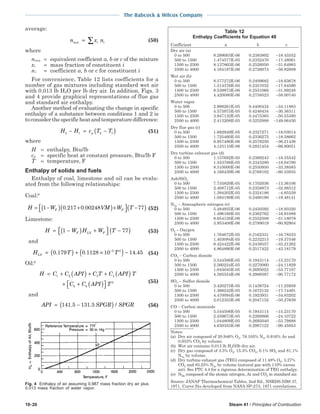 10-20 Steam 41 / Principles of Combustion
The Babcock & Wilcox Company
average:
n x ni imix = ∑ (50)
where
nmix = equivalent coefficient a, b or c of the mixture
xi = mass fraction of constituent i
ni = coefficient a, b or c for constituent i
For convenience, Table 12 lists coefficients for a
number of gas mixtures including standard wet air
with 0.013 lb H2O per lb dry air. In addition, Figs. 3
and 4 provide graphical representations of flue gas
and standard air enthalpy.
Another method of evaluating the change in specific
enthalpy of a substance between conditions 1 and 2 is
toconsiderthespecificheatandtemperaturedifference:
H H c T Tp2 1 2 1− = −( ) (51)
where
H = enthalpy, Btu/lb
cp = specific heat at constant pressure, Btu/lb F
T = temperature, F
Enthalpy of solids and fuels
Enthalpy of coal, limestone and oil can be evalu-
ated from the following relationships:
Coal:8
H W VM W TF F= −( ) +( )+  −( )1 0 217 0 00248 77. . (52)
Limestone:
H W H W TF LS F= −( ) +  −( )1 77 (53)
and
H T TLS = ( ) + ×( ) −−
0 179 0 1128 10 14 453 2
. . . (54)
Oil:9
H C C API C T C API T
C C API T
= + ( ) + + ( )
+ + ( ) 
1 2 3 4
5 6
2 (55)
and
API SPGR SPGR= −( )141 5 131 5. . / (56)
Fig. 4 Enthalpy of air assuming 0.987 mass fraction dry air plus
0.013 mass fraction of water vapor.
Table 12
Enthalpy Coefficients for Equation 48
Coefficient a b c
Dry air (a)
0 to 500 8.299003E-06 0.2383802 −18.43552
500 to 1500 1.474577E-05 0.2332470 −17.48061
1500 to 2500 8.137865E-06 0.2526050 −31.64983
2500 to 4000 4.164187E-06 0.2726073 −56.82009
Wet air (b)
0 to 500 8.577272E-06 0.2409682 −18.63678
500 to 1500 1.514376E-05 0.2357032 −17.64590
1500 to 2500 8.539973E-06 0.2551066 −31.89248
2500 to 4000 4.420080E-06 0.2758523 −58.00740
Water vapor
0 to 500 2.998261E-05 0.4400434 −34.11883
500 to 1500 4.575975E-05 0.4246434 −30.36311
1500 to 2500 3.947132E-05 0.4475365 −50.55380
2500 to 4000 2.413208E-05 0.5252888 −149.06430
Dry flue gas (c)
0 to 500 1.682949E-05 0.2327271 −18.03014
500 to 1500 1.725460E-05 0.2336275 −18.58662
1500 to 2500 8.957486E-06 0.2578250 −36.21436
2500 to 4000 4.123110E-06 0.2821454 −66.80051
Dry turbine exhaust gas (d)
0 to 500 1.157682E-05 0.2369243 −18.35542
500 to 1500 1.553788E-05 0.2343280 −18.04780
1500 to 2500 8.510000E-06 0.2550950 −33.38583
2500 to 4000 4.168439E-06 0.2768102 −60.53935
Ash/SiO2
0 to 500 7.735829E-05 0.1702036 −13.36106
500 to 1500 2.408712E-05 0.2358873 −32.88512
1500 to 2500 1.394202E-05 0.2324186 −4.85559
2500 to 4000 1.084199E-05 0.2460190 −19.48141
N2a − Atmospheric nitrogen (e)
0 to 500 5.484935E-06 0.2450592 −18.93320
500 to 1500 1.496168E-05 0.2362762 −16.91089
1500 to 2500 8.654128E-06 0.2552508 −31.18079
2500 to 4000 3.953408E-06 0.2789019 −60.92904
O2 − Oxygen
0 to 500 1.764672E-05 0.2162331 −16.78533
500 to 1500 1.403084E-05 0.2232213 −19.37546
1500 to 2500 6.424422E-06 0.2438557 −33.21262
2500 to 4000 4.864890E-06 0.2517422 −43.18179
CO2 − Carbon dioxide
0 to 500 5.544506E-05 0.1943114 −15.23170
500 to 1500 2.560224E-05 0.2270060 −24.11829
1500 to 2500 1.045045E-05 0.2695022 −53.77107
2500 to 4000 4.595554E-06 0.2989397 −90.77172
SO2 − Sulfur dioxide
0 to 500 3.420275E-05 0.1439724 −11.25959
500 to 1500 1.366242E-05 0.1672132 −17.74491
1500 to 2500 4.470094E-06 0.1923931 −34.83202
2500 to 4000 2.012353E-06 0.2047152 −50.27639
CO − Carbon monoxide
0 to 500 5.544506E-05 0.1943114 −15.23170
500 to 1500 2.559673E-05 0.2269866 −24.10722
1500 to 2500 1.044809E-05 0.2695040 −53.79888
2500 to 4000 4.630355E-06 0.2987122 −90.45853
Notes:
(a) Dry air composed of 20.946% O2, 78.105% N2, 0.916% Ar and
0.033% CO2 by volume.
(b) Wet air contains 0.013 lb H2O/lb dry air.
(c) Dry gas composed of 3.5% O2, 15.3% CO2, 0.1% SO2 and 81.1%
N2a by volume.
(d) Dry turbine exhaust gas (TEG) composed of 11.48% O2, 5.27%
CO2 and 83.25% N2a by volume (natural gas with 110% excess
air). See PTC 4.4 for a rigorous determination of TEG enthalpy.
(e) N2a composed of the atomic nitrogen, Ar and CO2 in standard air.
Source: JANAF Thermochemical Tables, 2nd Ed., NSRDS-NBS 37,
1971. Curve fits developed from NASA SP-273, 1971 correlations.
 