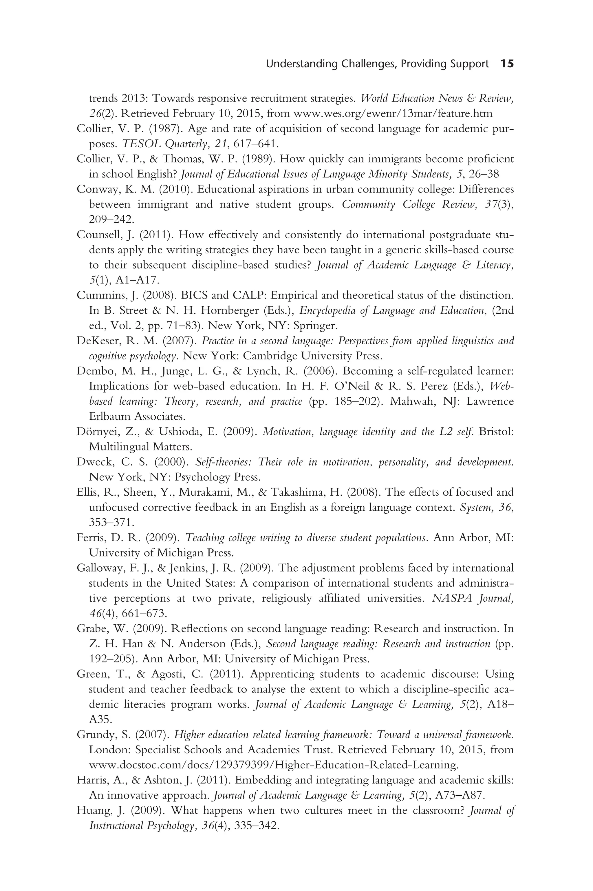 Understanding Challenges, Providing Support 15
trends 2013: Towards responsive recruitment strategies. World Education News & Review,
26(2). Retrieved February 10, 2015, from www.wes.org/ewenr/13mar/feature.htm
Collier, V. P. (1987). Age and rate of acquisition of second language for academic pur-
poses. TESOL Quarterly, 21, 617–641.
Collier, V. P., & Thomas, W. P. (1989). How quickly can immigrants become proficient
in school English? Journal of Educational Issues of Language Minority Students, 5, 26–38
Conway, K. M. (2010). Educational aspirations in urban community college: Differences
between immigrant and native student groups. Community College Review, 37(3),
209–242.
Counsell, J. (2011). How effectively and consistently do international postgraduate stu-
dents apply the writing strategies they have been taught in a generic skills-based course
to their subsequent discipline-based studies? Journal of Academic Language & Literacy,
5(1), A1–A17.
Cummins, J. (2008). BICS and CALP: Empirical and theoretical status of the distinction.
In B. Street & N. H. Hornberger (Eds.), Encyclopedia of Language and Education, (2nd
ed., Vol. 2, pp. 71–83). New York, NY: Springer.
DeKeser, R. M. (2007). Practice in a second language: Perspectives from applied linguistics and
cognitive psychology. New York: Cambridge University Press.
Dembo, M. H., Junge, L. G., & Lynch, R. (2006). Becoming a self-regulated learner:
Implications for web-based education. In H. F. O’Neil & R. S. Perez (Eds.), Web-
based learning: Theory, research, and practice (pp. 185–202). Mahwah, NJ: Lawrence
Erlbaum Associates.
Dörnyei, Z., & Ushioda, E. (2009). Motivation, language identity and the L2 self. Bristol:
Multilingual Matters.
Dweck, C. S. (2000). Self-theories: Their role in motivation, personality, and development.
New York, NY: Psychology Press.
Ellis, R., Sheen, Y., Murakami, M., & Takashima, H. (2008). The effects of focused and
unfocused corrective feedback in an English as a foreign language context. System, 36,
353–371.
Ferris, D. R. (2009). Teaching college writing to diverse student populations. Ann Arbor, MI:
University of Michigan Press.
Galloway, F. J., & Jenkins, J. R. (2009). The adjustment problems faced by international
students in the United States: A comparison of international students and administra-
tive perceptions at two private, religiously affiliated universities. NASPA Journal,
46(4), 661–673.
Grabe, W. (2009). Reflections on second language reading: Research and instruction. In
Z. H. Han & N. Anderson (Eds.), Second language reading: Research and instruction (pp.
192–205). Ann Arbor, MI: University of Michigan Press.
Green, T., & Agosti, C. (2011). Apprenticing students to academic discourse: Using
student and teacher feedback to analyse the extent to which a discipline-specific aca-
demic literacies program works. Journal of Academic Language & Learning, 5(2), A18–
A35.
Grundy, S. (2007). Higher education related learning framework: Toward a universal framework.
London: Specialist Schools and Academies Trust. Retrieved February 10, 2015, from
www.docstoc.com/docs/129379399/Higher-Education-Related-Learning.
Harris, A., & Ashton, J. (2011). Embedding and integrating language and academic skills:
An innovative approach. Journal of Academic Language & Learning, 5(2), A73–A87.
Huang, J. (2009). What happens when two cultures meet in the classroom? Journal of
Instructional Psychology, 36(4), 335–342.
 