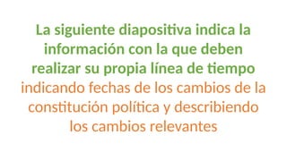 La siguiente diapositiva indica la
información con la que deben
realizar su propia línea de tiempo
indicando fechas de los cambios de la
constitución política y describiendo
los cambios relevantes
 