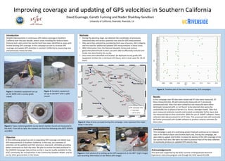 Improving coverage and updating of GPS velocities in Southern California
David Guenaga, Gareth Funning and Nader Shakibay-Senobari
Introduction
Despite improvements in continuous GPS station coverage in Southern
California over the past decade, several areas including the Ventura basin,
Elsinore fault, and central San Jacinto fault have been identified as areas with
limited existing GPS coverage. In this campaign we aim to increase GPS
coverage and update GPS velocities in southern California by measuring new
and previously measured sites.
Objective
In this continuing project we aim to expanding GPS coverage and obtain new
GPS measurements in Southern California. In this way, our estimates of
velocities can be updated and their precisions improved, ultimately providing
better constraints on fault slip rates. We plan to archive the data produced in
the UNAVCO Campaign Data archive so that it may be readily available for the
SCEC community, for incorporation in the Community Geodetic Model, and for
use by other geoscientists in the future.
Methods
• During the planning stage, we obtained the coordinates of previously
measured sites and various potential new sites for GPS measurement.
• Sites were then selected by considering their ease of access, site’s integrity
and the need for additional/updated GPS measurements in those areas.
• With Information from the National Geodetic Survey and various
geocachers/benchmark-hunters, we were able to effectively evaluate and
locate new benchmarks for survey.
• Once sites were identified and located, we deployed survey-grade GPS
equipment at them for a minimum of 8 hours, and in most cases for 18-24
hours.
Results
In this campaign over 40 sites were visited and 37 sites were measured. Of
these measured sites, 30 were previously measured and 7 previously
unmeasured sites. Sites that were visited but not measured were either
destroyed, tampered with, or not found. Some planned sites were also
unattainable due to physical barriers (i.e. fences, damaged roads). Sites that
were measured relatively recently and located considerably farther were also
not measured due to time constraints. With the use of GAMIT software, newly-
collected data was processed for all 37 sites. This processed data will eventually
be further processed with GLOBK software to produce velocity estimates for
these sites.
Conclusion
This campaign is part of a continuing project that will continue on to measure
sites in the Ventura basin and Elsinore fault area. During this campaign, we
were able to update and further increase the density of the GPS coverage of the
San Jacinto fault area. We were also able to process most of the data collected
to eventually produce an updated GPS velocity map.
Figure 1: Geodetic equipment set up
at site BERN with a survey grade
tripod.
Figure 2: Geodetic equipment
set up at site BEFT with a spike
mount.
Figure 3: Types national geodetic survey bench markers found and measured in
the field. From left to right, the markers are from the following sites BEFT, BOWN,
and 0822.
University of California, Riverside, Riverside, CA
Figure 5: Timeline plot of the sites measured by UCR campaigns.
Figure 4: Map of area surveyed during this campaign. Lines represent the major
faults in the area.
Figure 6: Field photos of us setting up the GPS equipment at site BEFT (right image)
and recording information at site WALN (left image).
Year
Site
Acknowledgements
This work was supported by the SCEC Summer Undergraduate Research
Experience internship program and through the SCEC award #15198.
 