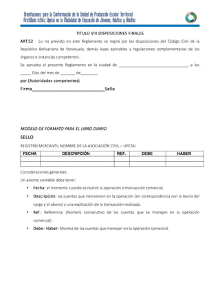 TITULO VIII DISPOSICIONES FINALES
ART.52 Lo no previsto en este Reglamento se regirá por las disposiciones del Código Civil de la
República Bolivariana de Venezuela, demás leyes aplicables y regulaciones complementarias de los
órganos e instancias competentes.
Se aprueba el presente Reglamento en la ciudad de ________________________________, a los
_____ Días del mes de _______ de________
por (Autoridades competentes)
Firma_____________________________Sello
MODELO DE FORMATO PARA EL LIBRO DIARIO
SELLO
REGISTRO MERCANTIL NOMBRE DE LA ASOCIACIÓN CIVIL – UPETAI
Consideraciones generales:
Un asiento contable debe tener:
• Fecha: el momento cuando se realizó la operación o transacción comercial.
• Descripción: las cuentas que intervienen en la operación (en correspondencia con la teoría del
cargo y el abono) y una explicación de la transacción realizada.
• Ref.: Referencia: (Número consecutivo de las cuentas que se manejen en la operación
comercial)
• Debe- Haber: Montos de las cuentas que manejen en la operación comercial.
FECHA DESCRIPCIÓN REF. DEBE HABER
 