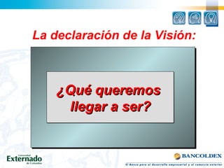 La declaración de la Visión:
¿Qué queremos¿Qué queremos
llegar a ser?llegar a ser?
¿Qué queremos¿Qué queremos
llegar a ser?llegar a ser?
 