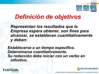 Definiciòn de objetivos
Representan los resultados que la
Empresa espera obtener, son fines para
alcanzar, se establecen cuantitativamente
y deben:
Establecerse a un tiempo especifico.
Determinarse cuantitativamente.
Su redacción debe iniciar con un verbo en
infinitivo.
 