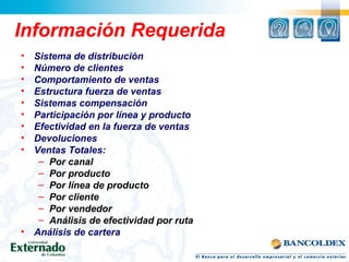 Información Requerida
• Sistema de distribución
• Número de clientes
• Comportamiento de ventas
• Estructura fuerza de ventas
• Sistemas compensación
• Participación por línea y producto
• Efectividad en la fuerza de ventas
• Devoluciones
• Ventas Totales:
– Por canal
– Por producto
– Por línea de producto
– Por cliente
– Por vendedor
– Análisis de efectividad por ruta
• Análisis de cartera
 