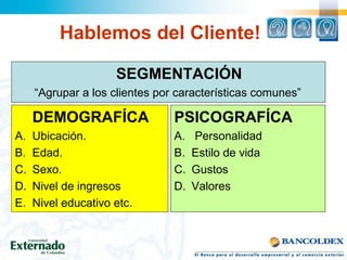 Hablemos del Cliente!
DEMOGRAFÍCA
A. Ubicación.
B. Edad.
C. Sexo.
D. Nivel de ingresos
E. Nivel educativo etc.
PSICOGRAFÍCA
A. Personalidad
B. Estilo de vida
C. Gustos
D. Valores
SEGMENTACIÓN
“Agrupar a los clientes por características comunes”
 