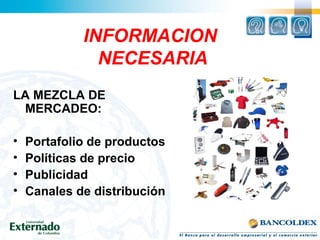 INFORMACION
NECESARIA
LA MEZCLA DE
MERCADEO:
• Portafolio de productos
• Políticas de precio
• Publicidad
• Canales de distribución
 