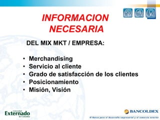 DEL MIX MKT / EMPRESA:
• Merchandising
• Servicio al cliente
• Grado de satisfacción de los clientes
• Posicionamiento
• Misión, Visión
INFORMACION
NECESARIA
 