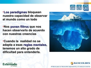 •Los paradigmasLos paradigmas bloqueanbloquean
nuestra capacidad de observarnuestra capacidad de observar
el mundo como un todoel mundo como un todo
•NosNos ponen filtrosponen filtros que nosque nos
hacen observarlo de acuerdohacen observarlo de acuerdo
con nuestras creenciascon nuestras creencias
•Cuando la realidad no seCuando la realidad no se
adapta a esasadapta a esas reglas mentalesreglas mentales,,
tenemos un alto grado detenemos un alto grado de
dificultad para entenderla.dificultad para entenderla.
 