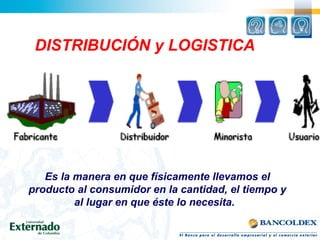DISTRIBUCIÓN y LOGISTICA
Es la manera en que físicamente llevamos el
producto al consumidor en la cantidad, el tiempo y
al lugar en que éste lo necesita.
 
