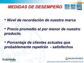 MEDIDAS DE DESEMPEÑO
 Nivel de recordación de nuestra marca
 Precio promedio al por menor de nuestro
producto.
 Porcentaje de clientes actuales que
probablemente repetirán - satisfechos
 