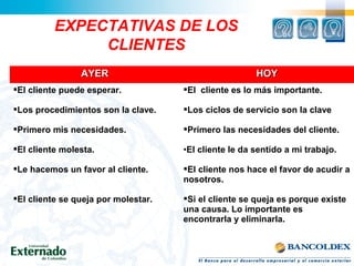 EXPECTATIVAS DE LOS
CLIENTES
AYERAYER HOYHOY
El cliente puede esperar.
Los procedimientos son la clave.
Primero mis necesidades.
El cliente molesta.
Le hacemos un favor al cliente.
El cliente se queja por molestar.
El cliente es lo más importante.
Los ciclos de servicio son la clave
Primero las necesidades del cliente.
•El cliente le da sentido a mi trabajo.
El cliente nos hace el favor de acudir a
nosotros.
Si el cliente se queja es porque existe
una causa. Lo importante es
encontrarla y eliminarla.
 