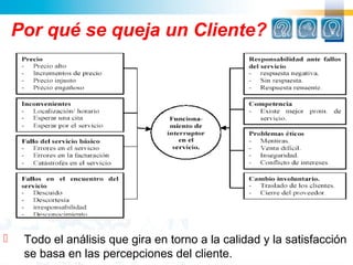 Por qué se queja un Cliente?
 Todo el análisis que gira en torno a la calidad y la satisfacción
se basa en las percepciones del cliente.
 