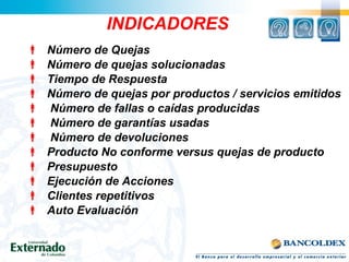  Número de Quejas
 Número de quejas solucionadas
 Tiempo de Respuesta
 Número de quejas por productos / servicios emitidos
 Número de fallas o caídas producidas
 Número de garantías usadas
 Número de devoluciones
 Producto No conforme versus quejas de producto
 Presupuesto
 Ejecución de Acciones
 Clientes repetitivos
 Auto Evaluación
INDICADORES
 