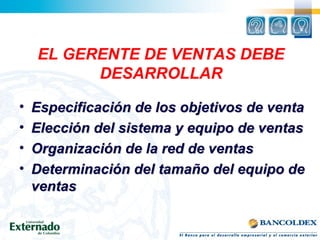 EL GERENTE DE VENTAS DEBE
DESARROLLAR
• Especificación de los objetivos de ventaEspecificación de los objetivos de venta
• Elección del sistema y equipo de ventasElección del sistema y equipo de ventas
• Organización de la red de ventasOrganización de la red de ventas
• Determinación del tamaño del equipo deDeterminación del tamaño del equipo de
ventasventas
 