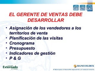 EL GERENTE DE VENTAS DEBE
DESARROLLAR
• Asignación de los vendedores a losAsignación de los vendedores a los
territorios de ventaterritorios de venta
• Planificación de las visitasPlanificación de las visitas
• CronogramaCronograma
• PresupuestoPresupuesto
• Indicadores de gestiónIndicadores de gestión
• P & GP & G
 